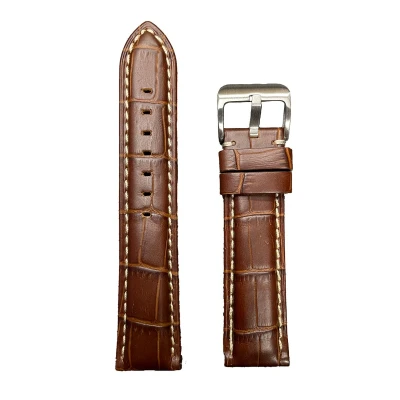 Afbeelding van Horlogeband 22 mm Cognac Bruin ( Wit Stiksel ) Echt leer in croco print Roestvrijstalen gesp