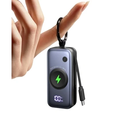 Afbeelding van INIU Power Bank voor Apple Watch, 5000 mAh powerbank met ingebouwde kabel, slanke reis sleutelhanger accupack lcd display iWatch 10/9/8/Ultra2/Ultra/SE, iPhone 16/15 etc