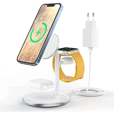 Afbeelding van 3 in 1 draadloos laadstation, inductief 15 W draadloze oplader, compatibel met Mag Safe oplader voor iPhone 15, 14, 13, 12 Pro Max/Plus, iWatch Ultra/8/7/SE/6/5/4, AirPods