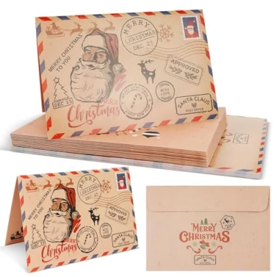 Afbeelding van 15 stuks kerstkaarten met envelopset, vouwkaarten voor Kerstmis, kerstmanmotief, kaart Kerstmis de mooiste kerstgroeten, vrolijk kerstfeest