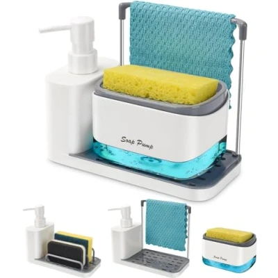 Afbeelding van Zeepdispenser voor de keuken, wit, Yulado zeepbakje, 4 in 1, spoelbak, pomp met sponshouder, navulbare wasmiddeldispenser