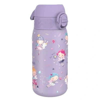 Afbeelding van ION8 Roestvrijstalen Kinderwaterfles, 400 ml/13 oz, Lekvrij, Makkelijk te Openen, Veilige Vergrendeling, Vaatwasserbestendig, Flipdop, Draaggreep, Duurzaam, Metalen Drinkfles, Design Feeën