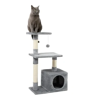 Afbeelding van lionto krabpaal voor katten met hol en pluche bal incl. belletje, hoogte 85 cm, kattenboom pluche, comfortabele ligplaats, kleine &amp; grote katten, lichtgrijs