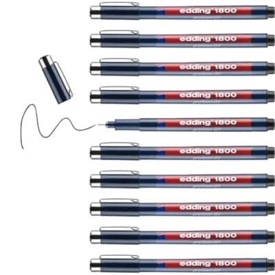 Afbeelding van edding 1800 precisiefineliner zwart 10 stiften lijnbreedte 0,25 mm fineliner om precies te schrijven en schetsen fijne, in metaal gevatte punt geschikt voor liniaal sjablonen
