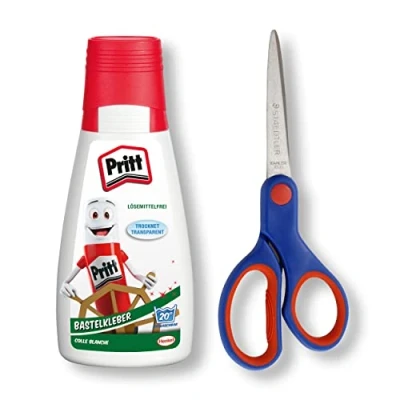 Afbeelding van Pritt Set met knutsellijm en knutselschaar, transparant, drogende alleslijm voor thuis, school of kantoor, witte kinderen, 1 fles à 100 g + Noris Club schaar 17 cm, 9H PAKC2X