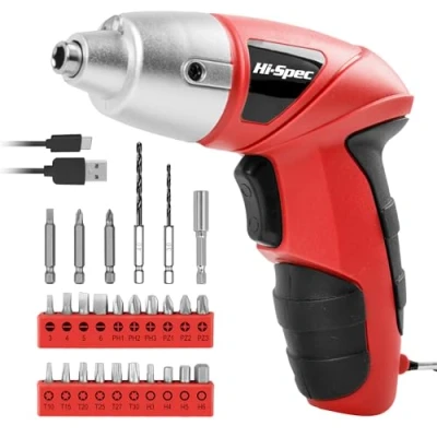 Afbeelding van Rood Draadloze Schroevendraaier Hi Spec 3.6V met 600 mAh NiCad Batterij en 26 delige Schroefbit Houtboor Assortiment