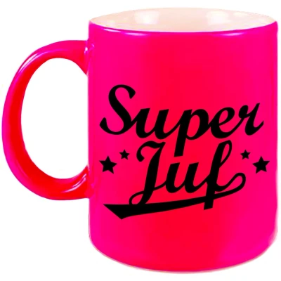 Afbeelding van Super juf beker / mok neon roze 330 ml afscheidscadeau bedankt cadeau feest mokken
