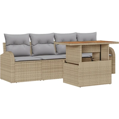 Afbeelding van vidaXL 5 delige tuin eetset met kussens Beige Poly Rattan Acacia