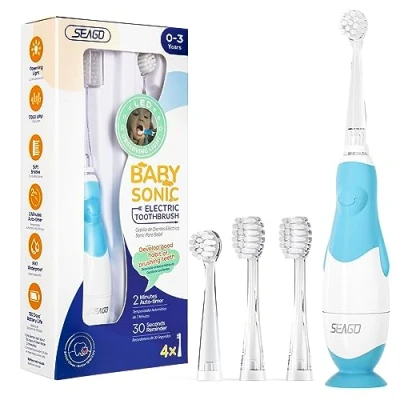 Afbeelding van Seago Elektrische tandenborstel voor kinderen, 0 3 jaar, met ledlicht, opsteekborstel, smart timer, waterdicht IPX7, SG513 (blauw)