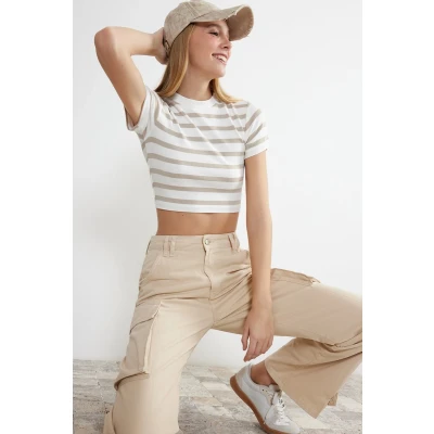 Afbeelding van Trendyol Premium Oranje Effen Viscose/Zachte Stof Cropped Ronde Hals Flexibele Gebreide Blouse Twoss23Bz00198