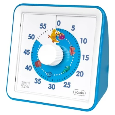 Afbeelding van TWENTY5 SEVEN Visuele timer met beschermhoes, 60 minuten afteltimer voor kinderen autisme ADHD klaslokaal thuiskantoor, aftelklok vergadertijd management, blauw, vispatroon, T0869