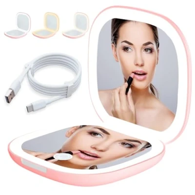 Afbeelding van Led zakspiegel met 1X/10x vergroting, cosmeticaspiegel, vergrotingsspiegel licht, reisspiegel dimbaar en 2 zijdig ledlicht, handspiegel, inklapbaar, cadeaus voor meisjes, roze