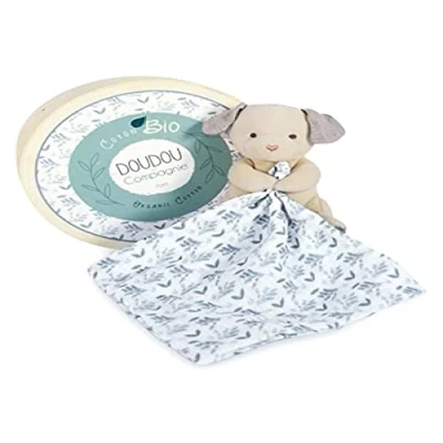 Afbeelding van Doudou et Compagnie knuffeldier hond plat biologisch blauw 25 cm Botanic Bio DC3965