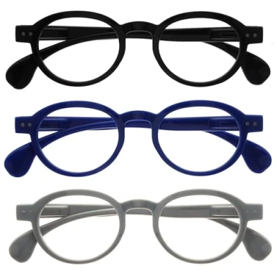 Afbeelding van OPULIZE OCA Leesbrillen 3 Pack Modern Retro Rond Montuur Zwart, Blauw, Grijs Heren Dames Veerscharnieren RRR54 137 +2.00