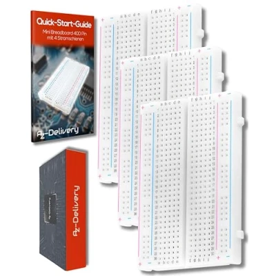 Afbeelding van AZDelivery 3 x Mini Breadboard 400 Pin met 4 Busbars compatibel Arduino en Jumper Wire Kabels Inclusief E Book!