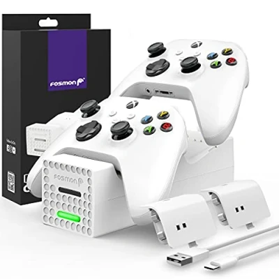 Afbeelding van Fosmon Dual Controller laadstation compatibel met Xbox Series X/S 2020 (niet voor One/360) Controller, (Dual Slot) docking station, snellader en 2 x batterijen, wit