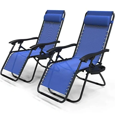 Afbeelding van vounot Set van 2 ligstoelen met afneembare bekerhouder, tuinstoel, opvouwbaar, textiel, ligstoel hoofdbekleding, maximale belasting 120 kg, blauw