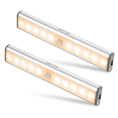 Afbeelding van Bewegingssensorkastverlichting, 10 LED draadloze onderkastverlichting met ingebouwde oplaadbare batterij, overal op te hangen magnetische nachtverlichting voor kast, keukenkast, warm wit (2 stuks)
