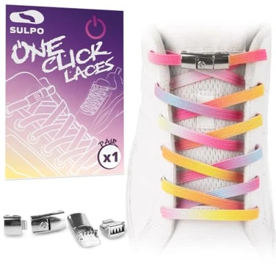 Afbeelding van SULPO Platte veters zonder strikken One Click kleurrijke snelsluiting Elastische schoenveters Rubber voor kinderen en volwassenen, Pastel regenboog