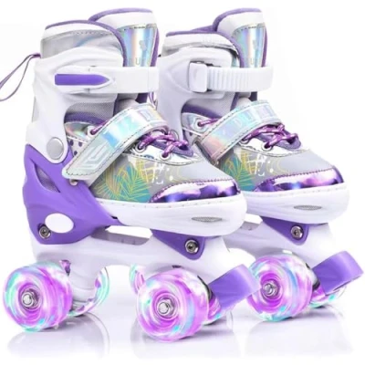 Afbeelding van ERNAN Rolschaatsen kinderen Rollaarzen, 8 oplichtende wielen en 4 maten verstelbaar. voor kinderen, beginners, geschikt binnen buiten (Paars B, M)