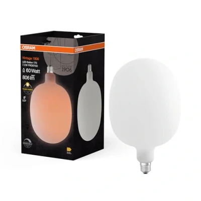 Afbeelding van OSRAM Vintage 1906 balloon is a dimmable LED lamp with shaped filament. It offers 7.3 W for 806 lm, E27 socket, frosted glass, 170 mm diameter, colour rendering CRI 80, 2,700 K, EEK E.