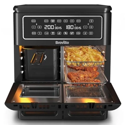 Afbeelding van Breville Heteluchtfriteuse Halo Flexi, digitale dubbele kamer heteluchtfriteuse, 11 l Air Fryer: voor meer dan 10 personen, frituren, bakken, grillen, braden, roosteren, opwarmen, 2400 W [VDF130X]