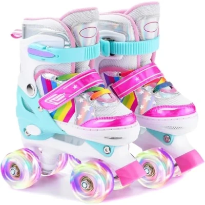 Afbeelding van ERNAN Rolschaatsen kinderen Rollaarzen, 8 oplichtende wielen en 4 maten verstelbaar. voor kinderen, beginners, geschikt binnen buiten (regenboog C, M)