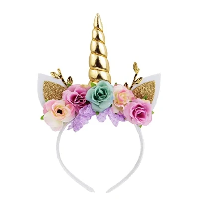 Afbeelding van Nishine Eenhoorn bloemenhoofd met glinsterende oren, ponykop tiara voor meisjes, verjaardagsfeestje, papier (goud en turquoise)