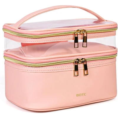 Afbeelding van BOTC Toilettas Make up tasje 2 lagen Met handige vakjes Cosmetica organizer Maat Etui Roze