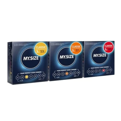 Afbeelding van MY.SIZE Classic condooms 3 delig proefverpakking I 53, 57, 60 mm breed 3x3 stuks premium extra dun true to touch gossamer dunne 0,07 wanddikte veganistisch