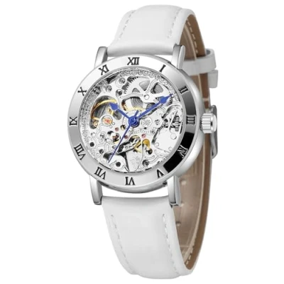 Afbeelding van MASTOP Vrouwen Horloges Automatische Steampunk Zelf Winding Mechanische Zilveren Armband Dames Skelet Polshorloge, Leer Wit, Modieus