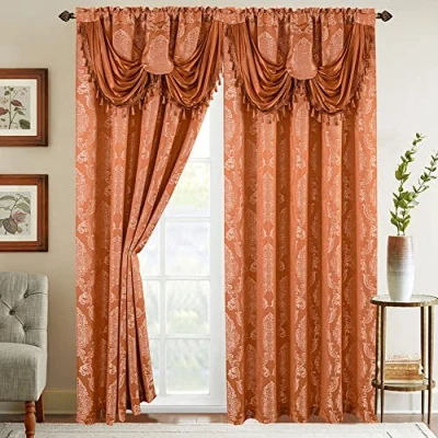 Afbeelding van Elegant Comfort Jacquard Look Gordijnpaneelset met bevestigde waterval Valance, (set van 2), 54 x 84 inch, Blush/Coral