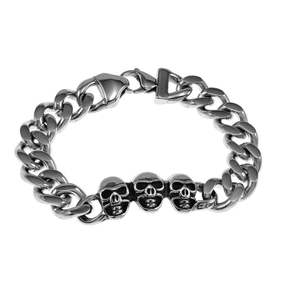 Afbeelding van 19cm x 13mm Armband Heren Gepolist RVS 316L Cubaanse Schakelarmband met Schedelhoofden