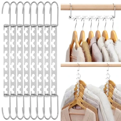 Afbeelding van Ruimtebesparende kleerhangerhouder van metaal, meerdere kleerhangers, magische kleerhanger, garderobe organizer, vernieuwd haakdesign, verchroomd/zilver, 26 cm lang