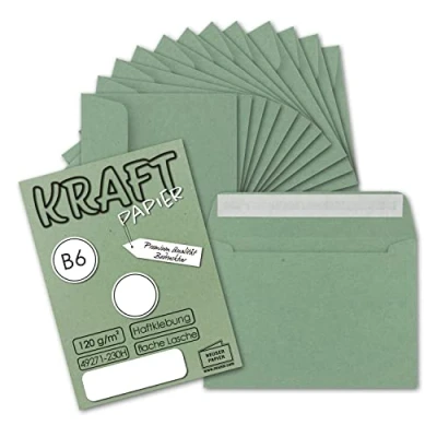 Afbeelding van Gustav Neuser Enveloppen, 150 x vintage enveloppen in donkergroen (groen), DIN B6 125 176 mm, 120 g/m², kraftpapier, recycling, plakstrip