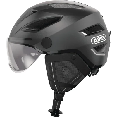 Afbeelding van ABUS Pedelec 2.0 ACE cityhelm fietshelm met achterlicht, vizier, regenkap, oorbescherming voor dames en heren donkergrijs, maat S