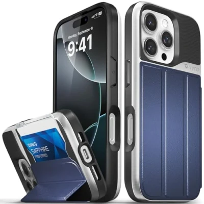 Afbeelding van VENA vCommute voor iPhone 16 Pro Wallet Case, [Militaire Grade Drop Protection] Flip Lederen Cover Slot Kaarthouder met Standaard Zilver/Blauw