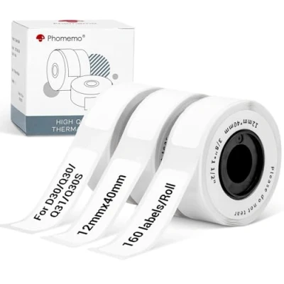 Afbeelding van Phomemo Witte Etiketten Compatibel met D30/Q31/Q30S Etikettenprinter, 12 x 40 mm Tape 160 Etiketten/rol, 3 Rollen