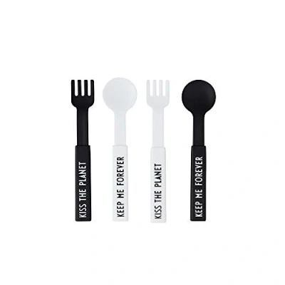 Afbeelding van Design Letters To Go bestek in Tritan, 2 sets (zwart en wit) herbruikbaar voor je lunch onderweg, een set wit zwart, verstelbare vork lepel