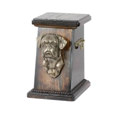 Afbeelding van Art Dog Custom Memorial Urn Handgemaakte Box Koudgegoten bronzen hondenkop op berkenbasis 19cmx32cmx30cm Boxer ongecoupeerd