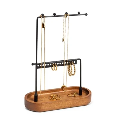 Afbeelding van KOOK TIME Sieradenstandaard, vriendelijke sieradenhouder en sieradenboom, ideaal voor kettingen, armbanden ringen, sieradenopslag organizer, kettinghouder oorbelhouder, zwart/acaciahout