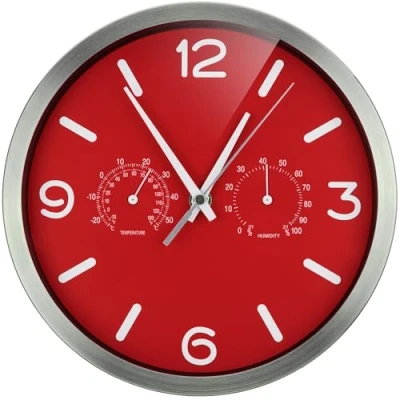 Afbeelding van Bresser MyTime ND Radiogestuurde klok, wandklok, thermo hygro met geruisloos radiouurwerk, roestvrijstalen frame en weergave voor temperatuur luchtvochtigheid, rood, 250 x mm