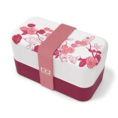 Afbeelding van MONBENTO Bento box MB Original Magnolia Lunchtrommel met compartimenten Lekvrije luchbox 2 lagen Ideaal Werk/School Vrij van BPA Duurzaam en Veilig Made In France Roze bloemen