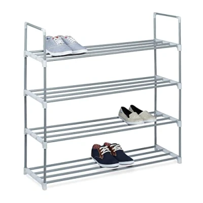 Afbeelding van Relaxdays schoenenrek metaal, HBD: ca. 93 x 90 30 cm, 4 etages, voor in ganf of hal, schoenenkat open, zilver