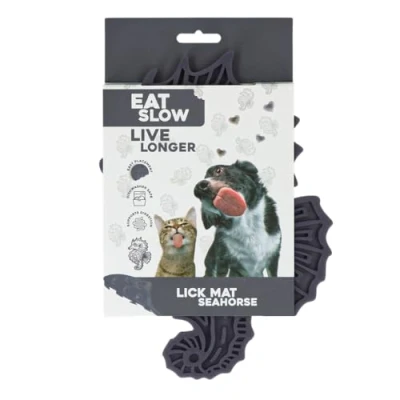 Afbeelding van Eat Slow Live Longer Likmat Zeepaard 22 x 16.5 cm Snuffelmat Anti schrok Mat Slowfeeder Afleiding Honden en Katten voor Smeersels, Brokken Snoep 100% Siliconen met Zuignappen Vaatwasserbestendig Grijs