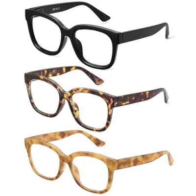 Afbeelding van JM Oversized vierkante leesbril, computerlezer met blauwlichtblokkering, voor dames en heren, 3 stuks, #2 Set van gemengde kleuren, Large