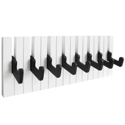 Afbeelding van RICOO WM1886 M, garderobehaken, wandhaken, kindergarderobehaken, pianodesign, zwart wit houten garderobestand, modern en inklapbaar, 8 uitklapbare haken voor kinderkamer hal, 39 x 15 2 cm