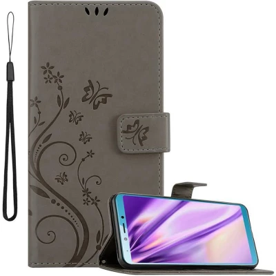 Afbeelding van Cadorabo Hoesje geschikt voor Samsung Galaxy A6s in BLOEMEN GRIJS Beschermhoes bloemmotief met magnetische sluiting, standfunctie en kaartsleuven Book Case Cover Etui