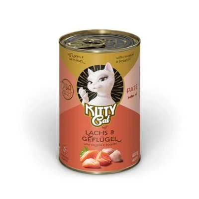 Afbeelding van Kitty Cat Paté Zalm en gevogelte, 6 x 400 g, natvoer voor katten, graanvrij kattenvoer met taurine, zalmolie groenlipmossel, compleet voer een hoog vleesgehalte, Made in Germany