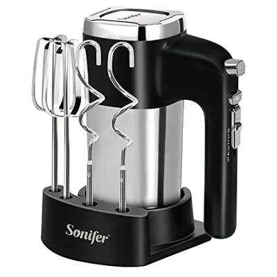 Afbeelding van Sonifer handmixer, roestvrij staal, 500 W, elektrische mixer, 5 niveaus plus turbostand, uitwerpknoppen, vaatwasmachinebestendig, 2 kneedhaken, garde, 1 sokkel